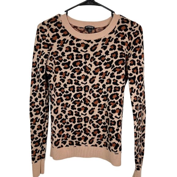 Express Animal Print Sweater S Womens Tan Black Brown Pullover Size Small Petite - Picture 1 of 10